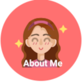 Pink Circle where Girl Smiling with text under saying About Me