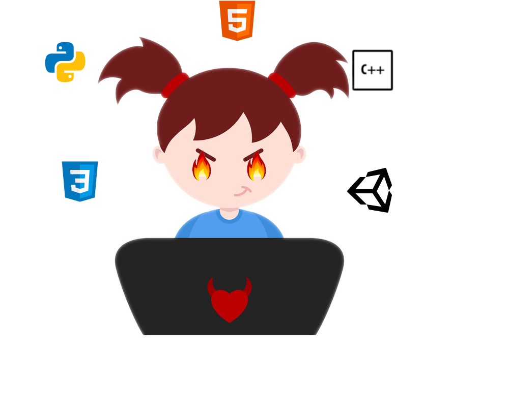 girl coder with flame eyes surrounded by coding languages