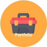 Orange Circle with toolbox with text under saying Portfolio